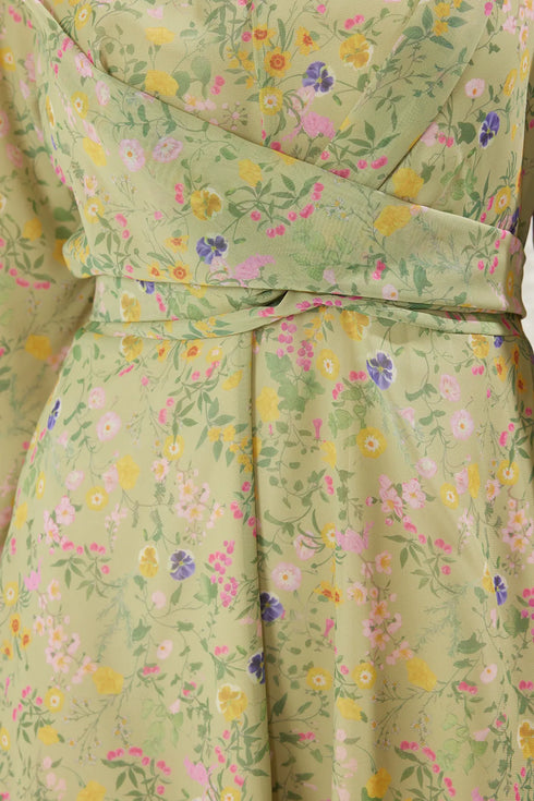 فستان شيفون مبطن بطبعة زهور - أخضر