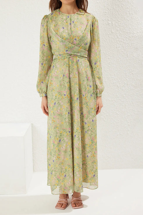 فستان شيفون مبطن بطبعة زهور - أخضر