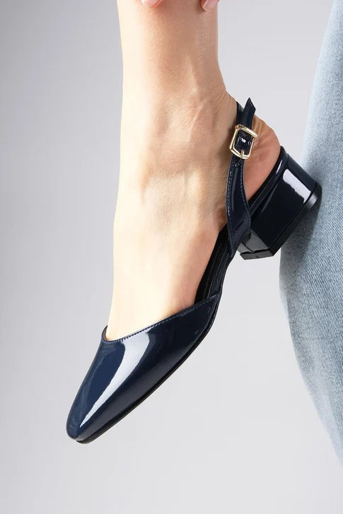 Navy Blue Patent Leather Heeled Shoes
