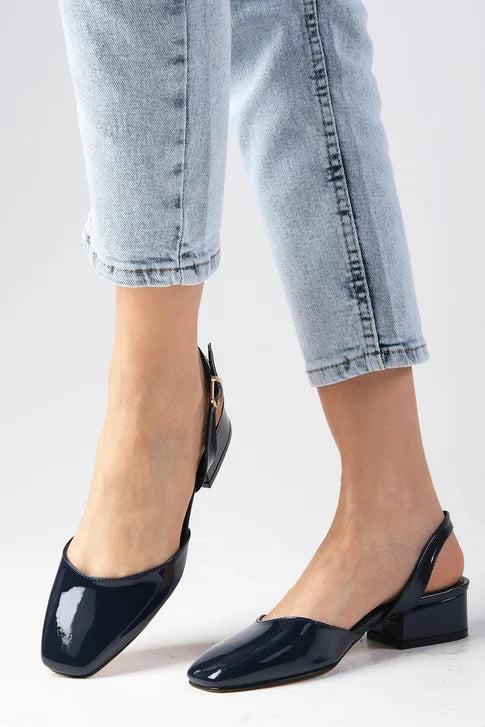 Navy Blue Patent Leather Heeled Shoes