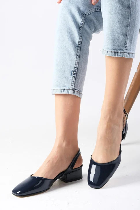 Navy Blue Patent Leather Heeled Shoes