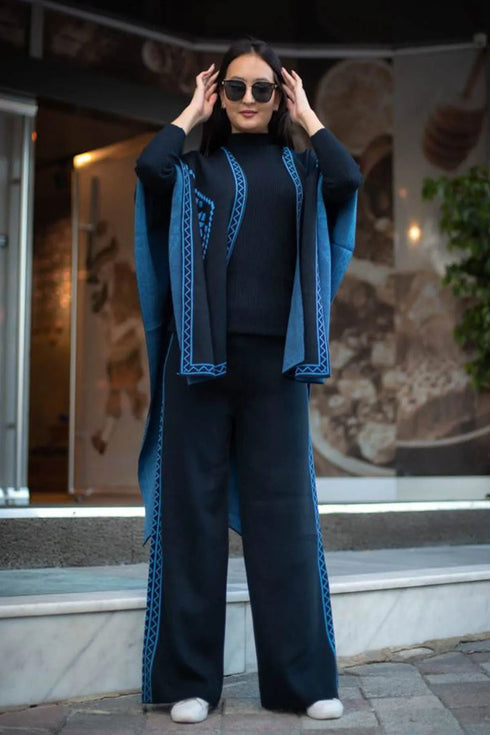 طقم نسائي محبوك من 3 قطع- كحلي