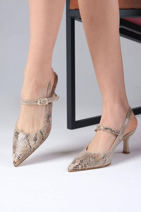 حذاء بكعب عالي بنقشة جلد الأفعى - بيج