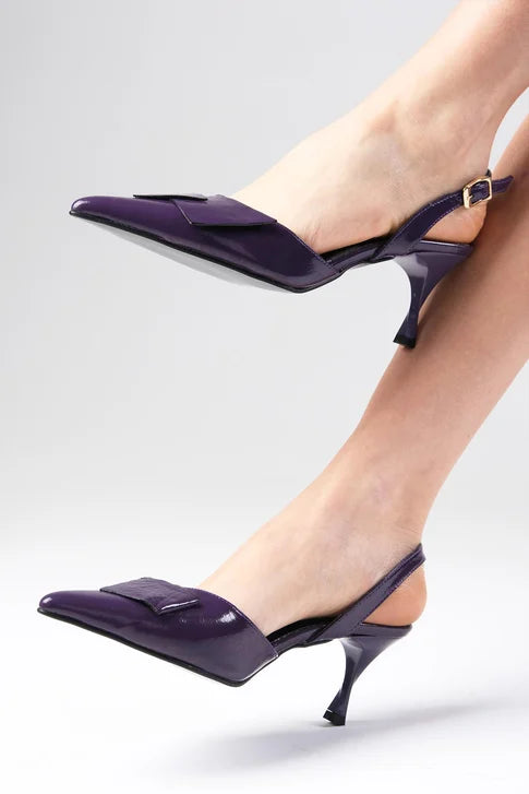 حذاء جلد حقيقي لامع بكعب - لون أرجواني