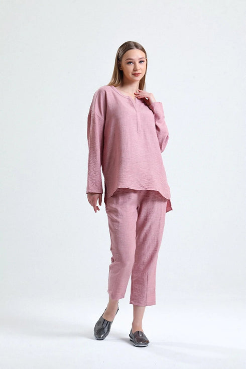 طقم بنطلون كتان وردي - تونيك