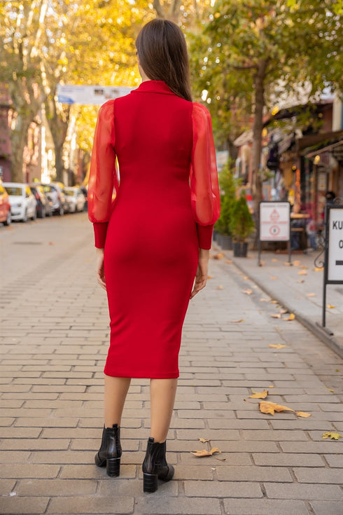 فستان ضيق بأكمام الأورجانزا - أحمر