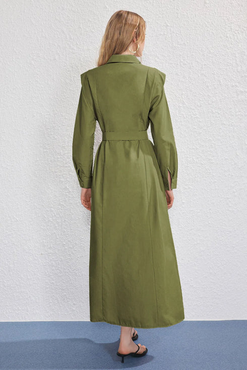 فستان مع حزام لون زيتي