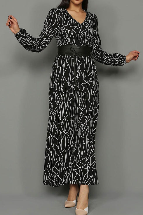 فستان قميص طويل بأزرار أبيض وأسود