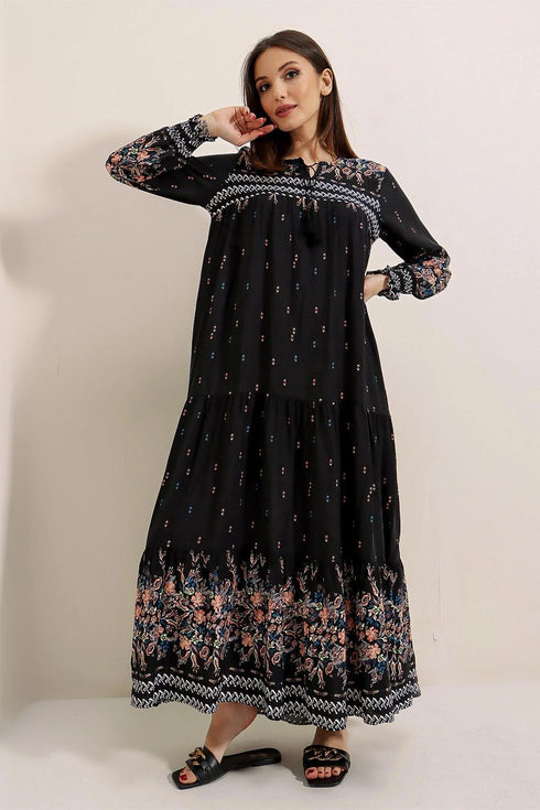 فستان فيسكوز طويل منقوش بياقة وأربطة وأكمام