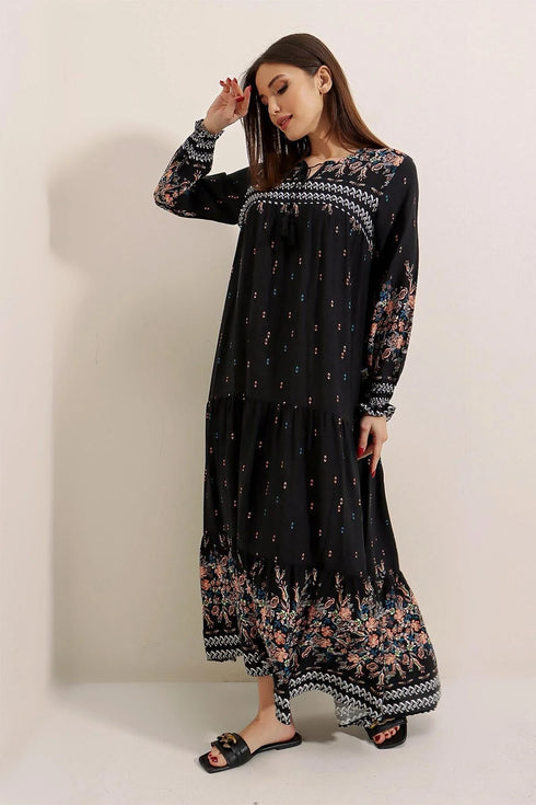 فستان فيسكوز طويل منقوش بياقة وأربطة وأكمام