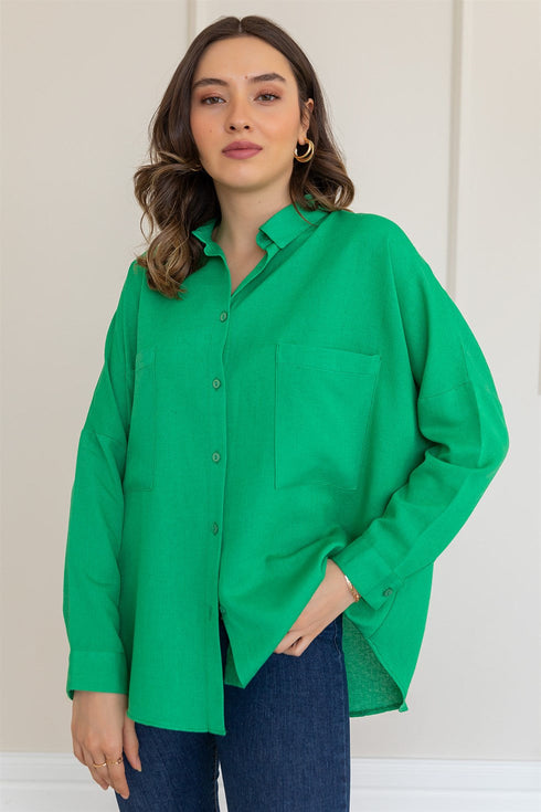 قميص كتان بجيب على الصدر - أخضر