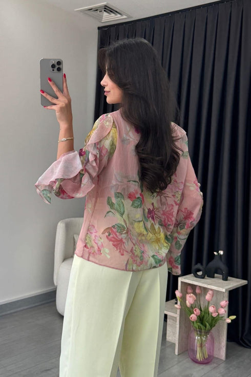 قميص شيفون بنقشة زهور - وردي