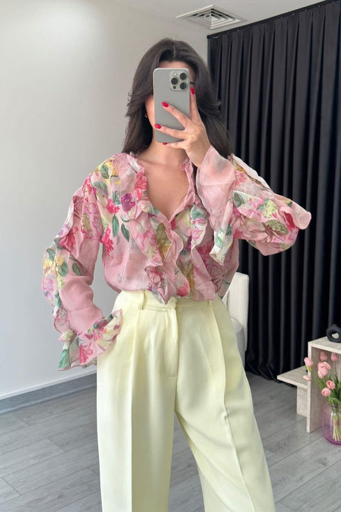 قميص شيفون بنقشة زهور - وردي