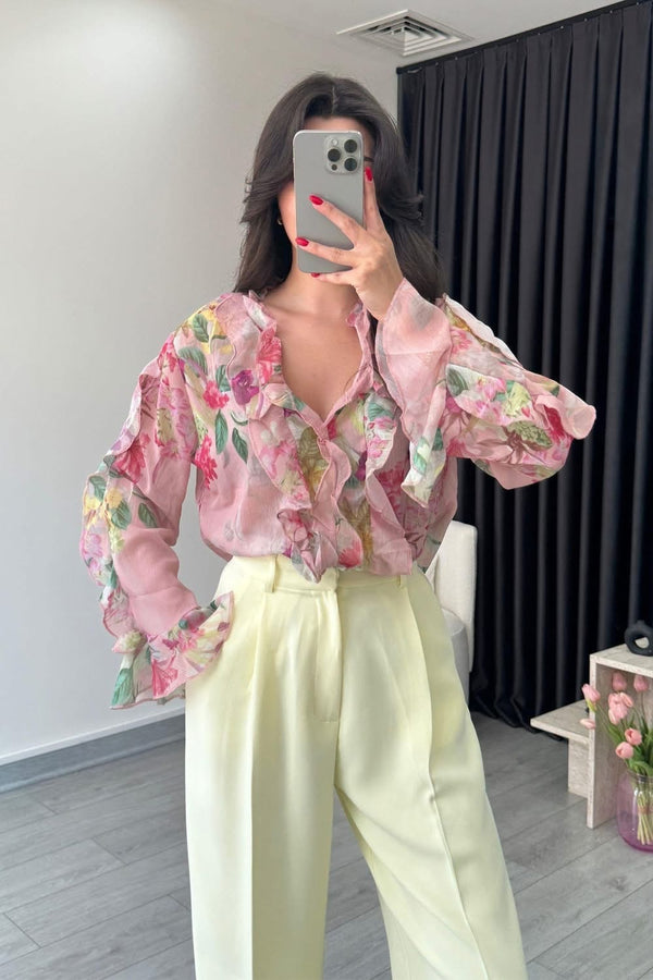 قميص شيفون بنقشة زهور - وردي