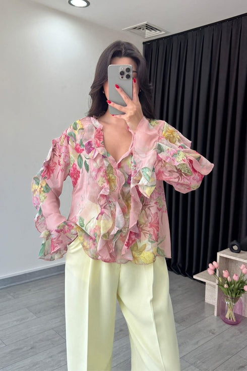 قميص شيفون بنقشة زهور - وردي