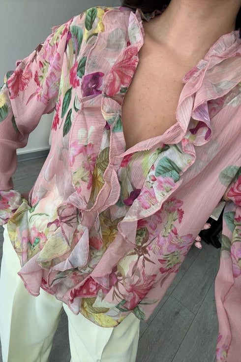 قميص شيفون بنقشة زهور - وردي