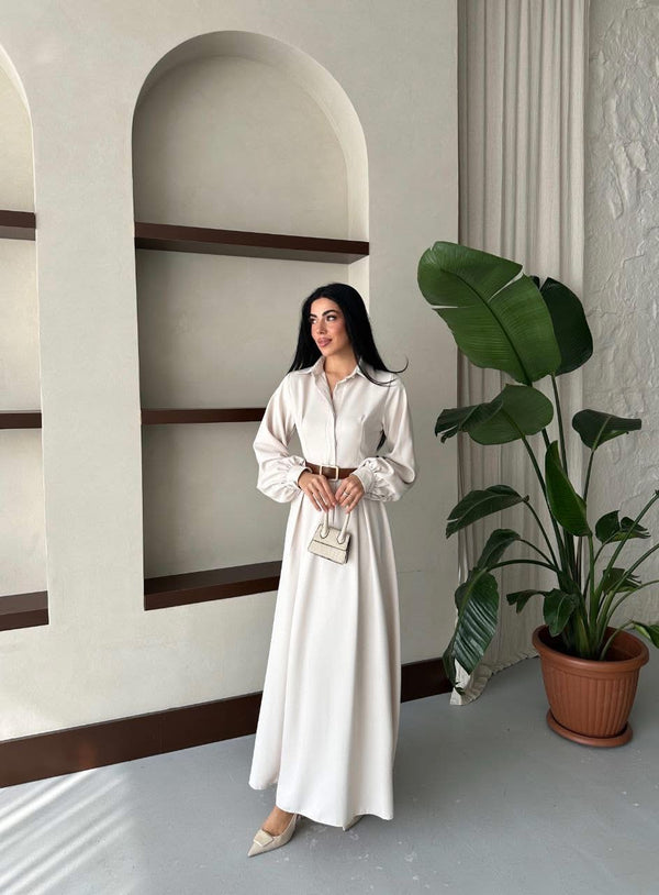 فستان نسائي طويل مع حزام باللون إيكرو