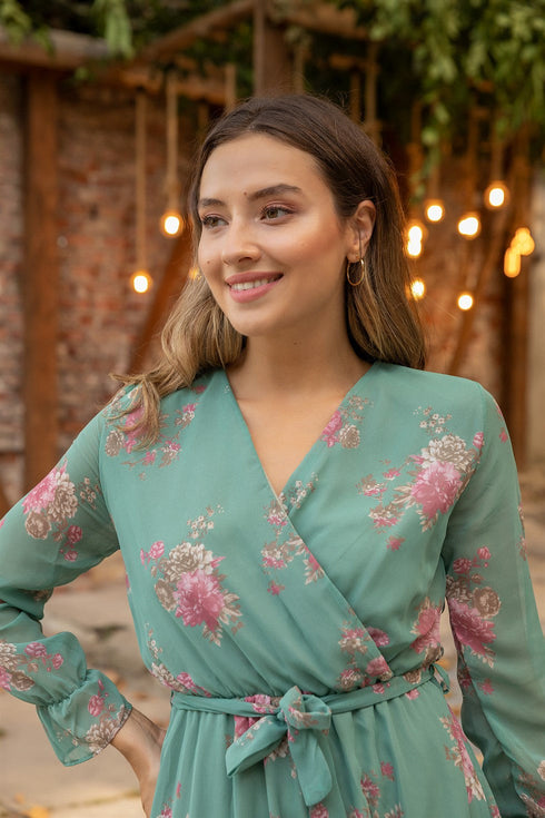 فستان زهري مزدوج الصدر - أخضر نعناعي