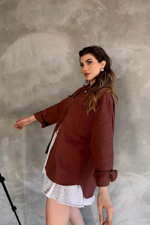 قميص نسائي قماش جينز باللون البني