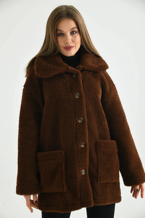 معطف فرو لون بني غامق