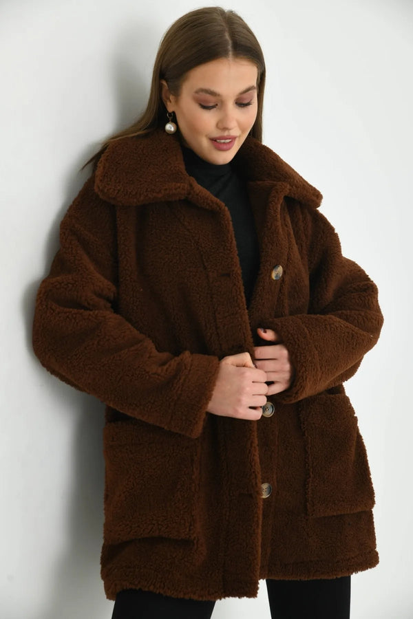 معطف فرو لون بني غامق
