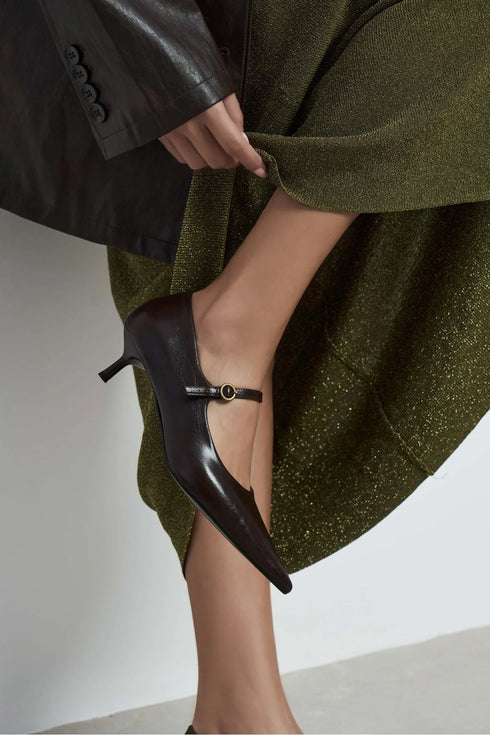 حذاء كعب عالي جلد حقيقي - بني