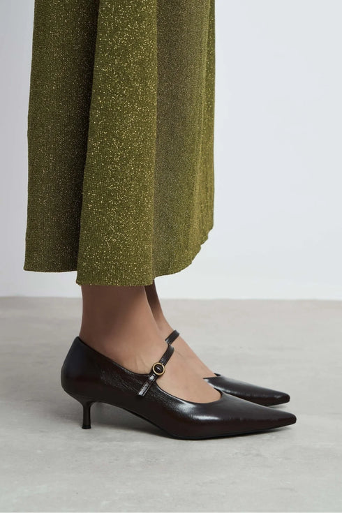 حذاء كعب عالي جلد حقيقي - بني