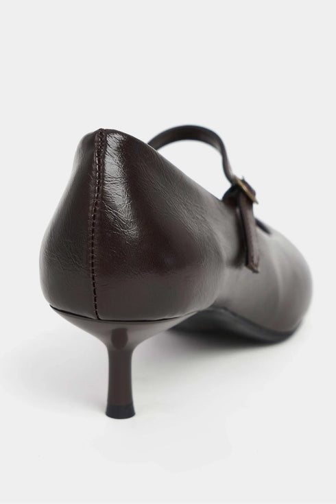 حذاء كعب عالي جلد حقيقي - بني