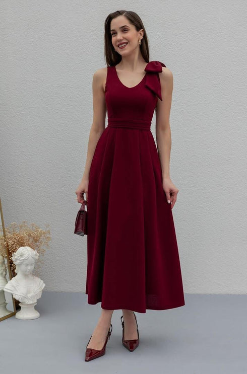 فستان بفيونكة على الكتف - برغندي