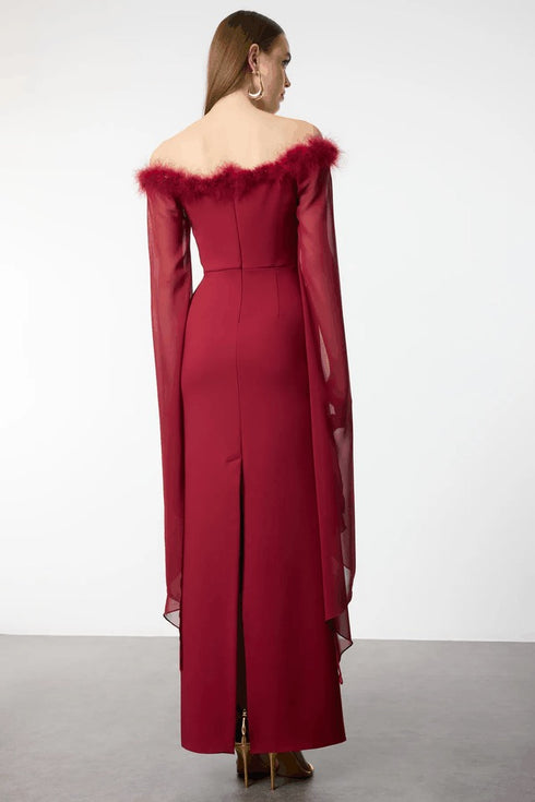 فستان سهرة طويل أنيق بأكمام شيفون - بوردو