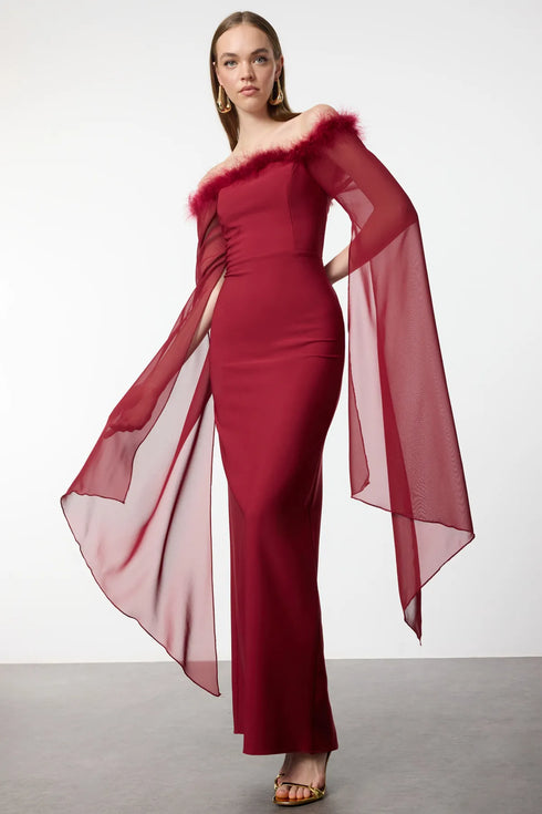 فستان سهرة طويل أنيق بأكمام شيفون - بوردو