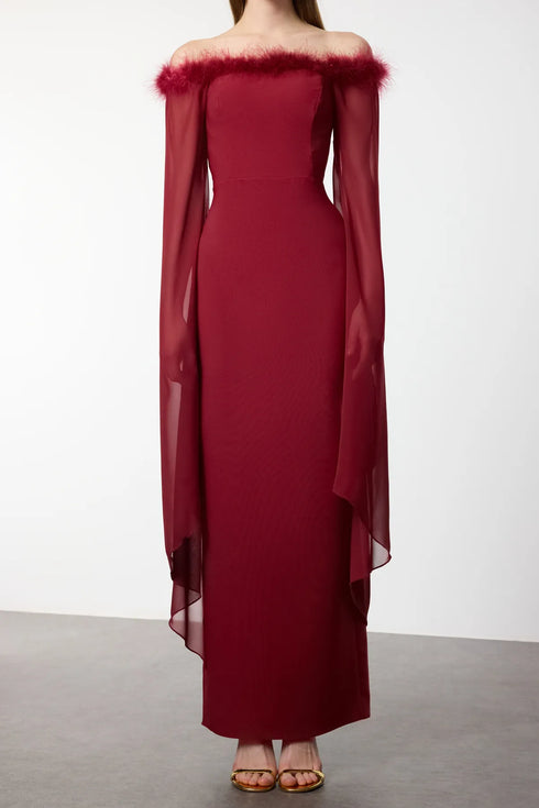 فستان سهرة طويل أنيق بأكمام شيفون - بوردو