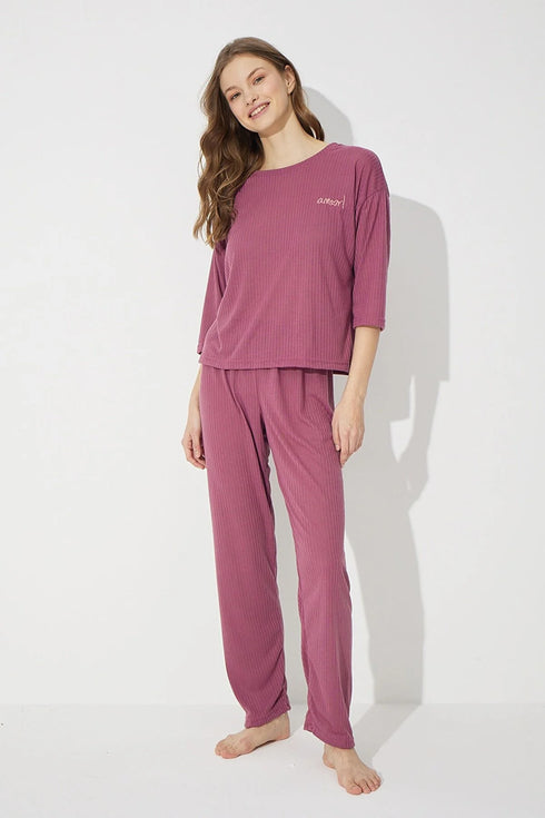 Cherry Bruise Soft Touch Fine Knitted Embroidered Pajamas Set