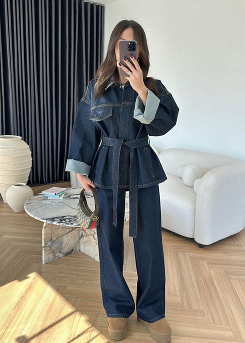 طقم جينز غامق جكيت وبنطلون