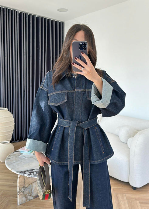 طقم جينز غامق جكيت وبنطلون