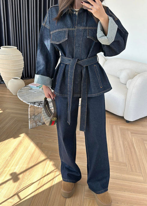 طقم جينز غامق جكيت وبنطلون