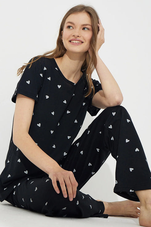 Black and White Heart Patterned Short Sleeve Cotton Pajamas Set