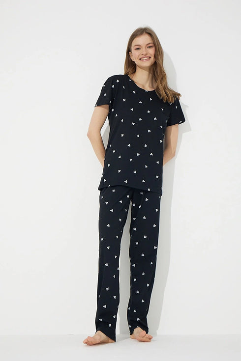 Black and White Heart Patterned Short Sleeve Cotton Pajamas Set