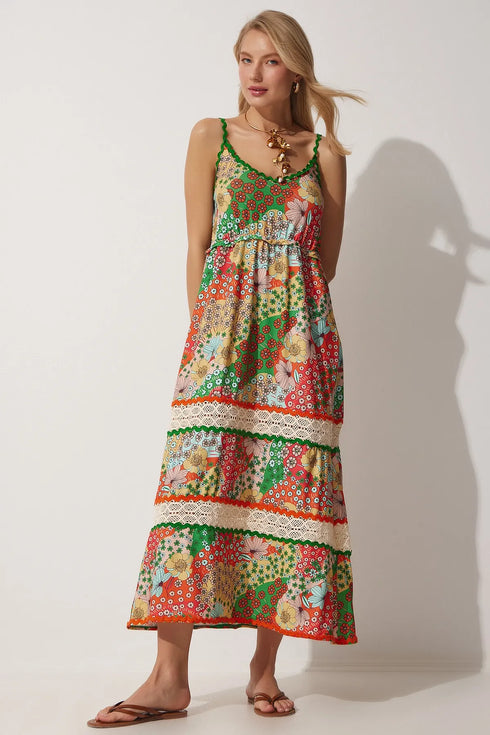 فستان نسائي طويل أخضر برتقالي برقبة على شكل حرف V مزين بالدانتيل