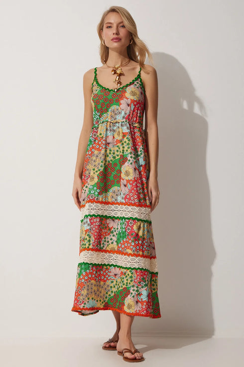 فستان نسائي طويل أخضر برتقالي برقبة على شكل حرف V مزين بالدانتيل