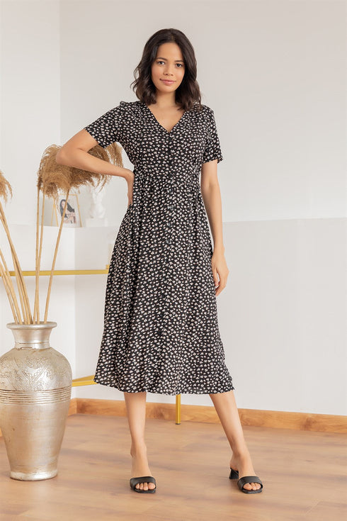 فستان فلورال - أسود