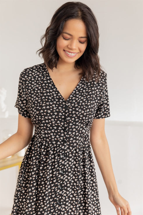 فستان فلورال - أسود