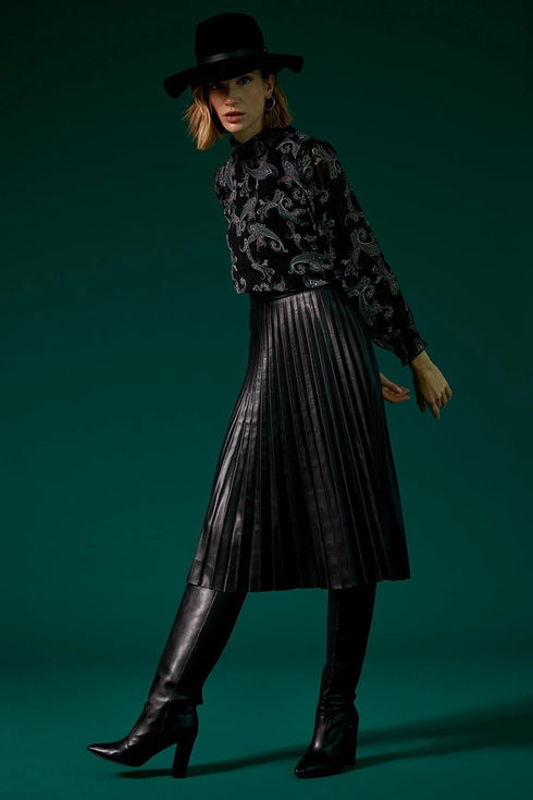 Leather Pleated Midi Skirt -Black