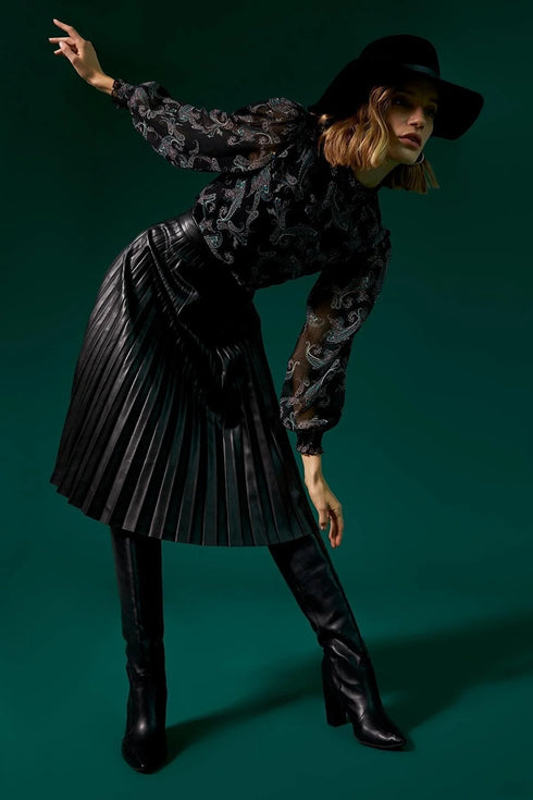 Leather Pleated Midi Skirt -Black