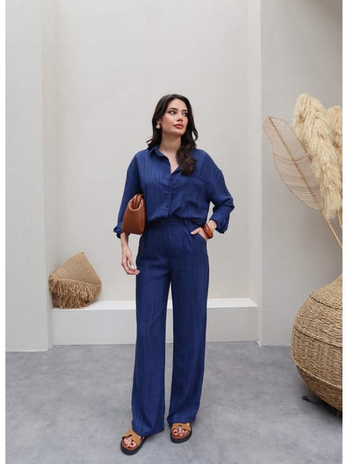 طقم قميص وبنطلون من الكتان - كحلي