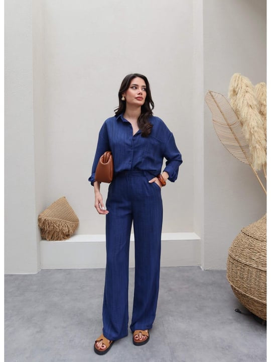 طقم قميص وبنطلون من الكتان - كحلي