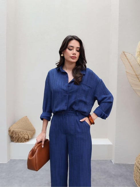 طقم قميص وبنطلون من الكتان - كحلي