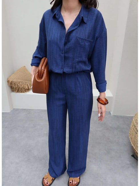 طقم قميص وبنطلون من الكتان - كحلي