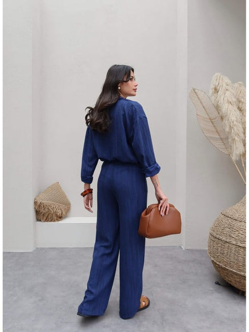 طقم قميص وبنطلون من الكتان - كحلي