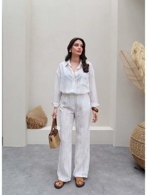طقم قميص وبنطلون من الكتان - أبيض